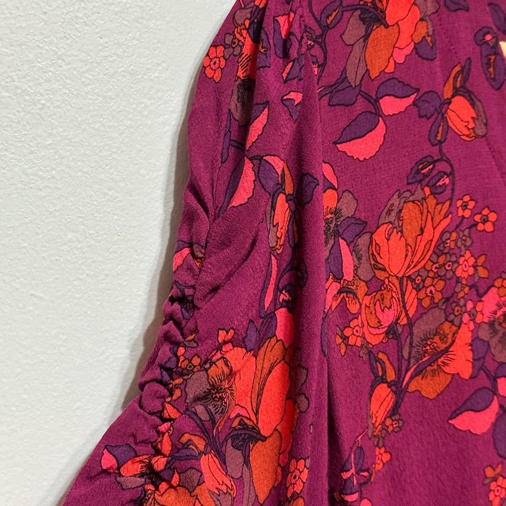 Maeve Anthropologie Fall Floral Blouse Womens Large Magenta Ruched Sleeve Top - Picture 6 of 11